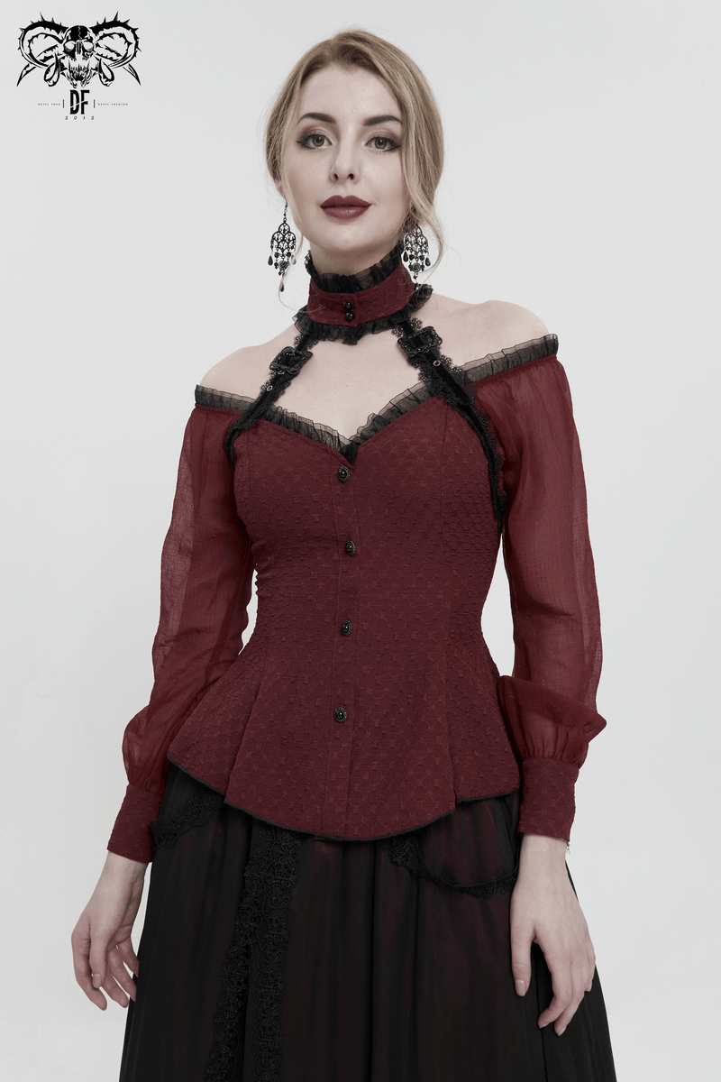 Elegant Off Shoulder Buttons Halterneck Shirt with Lace-up on Back