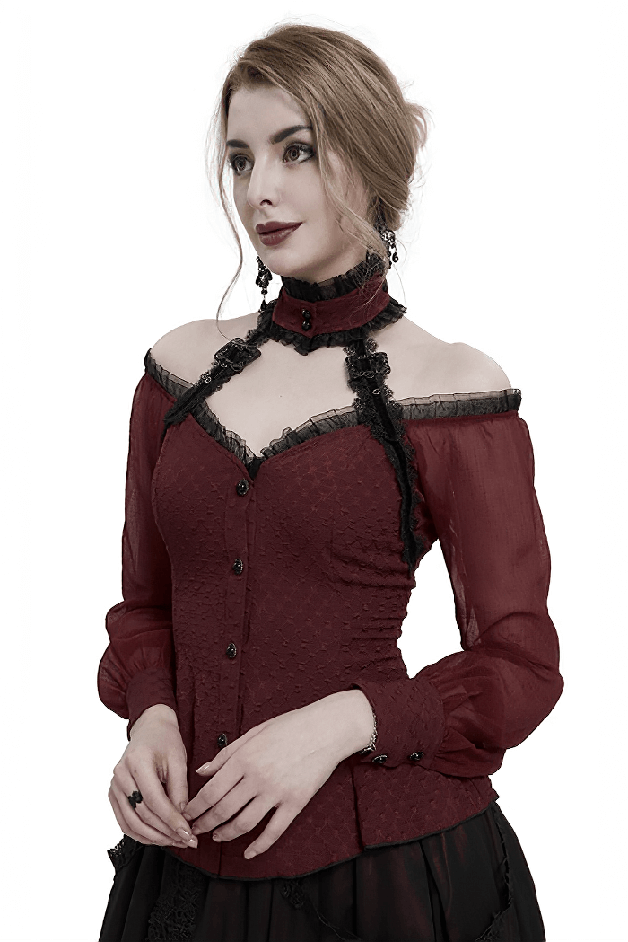 Elegant Off Shoulder Buttons Halterneck Shirt with Lace-up on Back