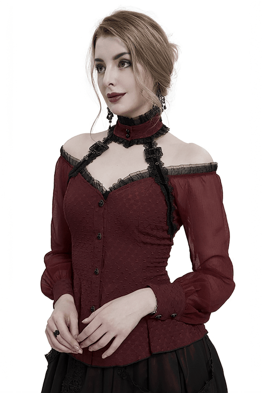 Elegant Off Shoulder Buttons Halterneck Shirt with Lace-up on Back
