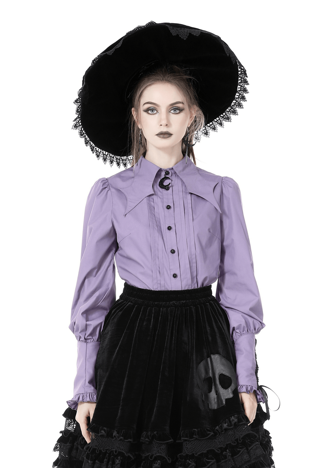 Elegant Purple Blouse with Ruffled Sleeves and Ties