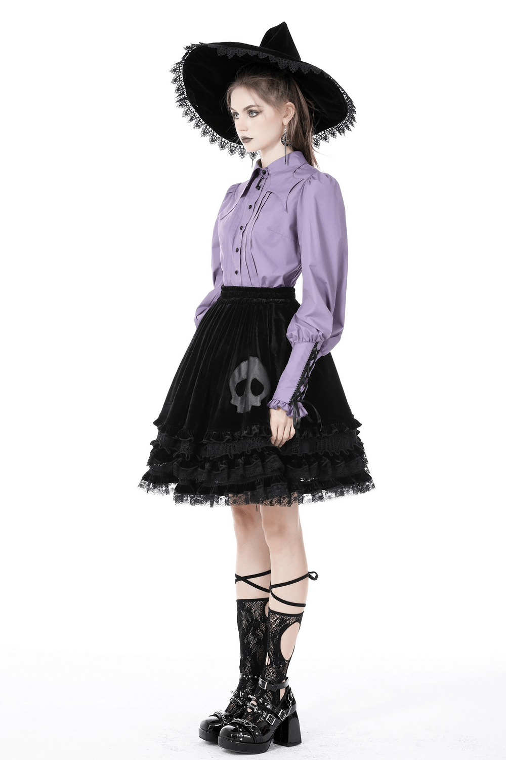 Elegant Purple Blouse with Ruffled Sleeves and Ties