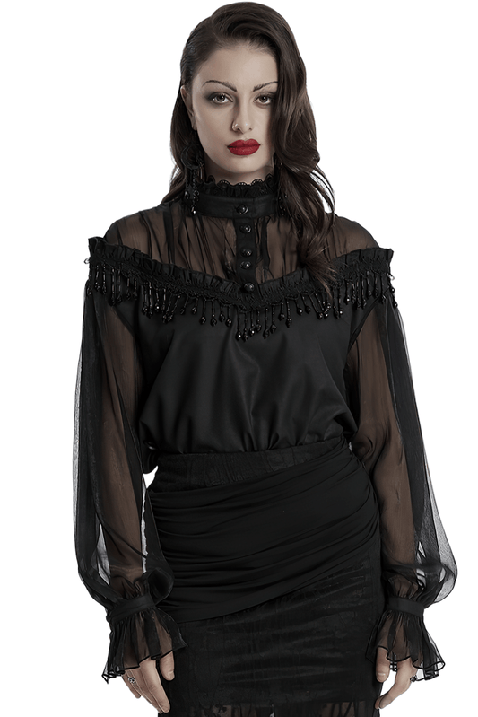 Elegant Sheer Black Blouse with Tassels and Lace Details