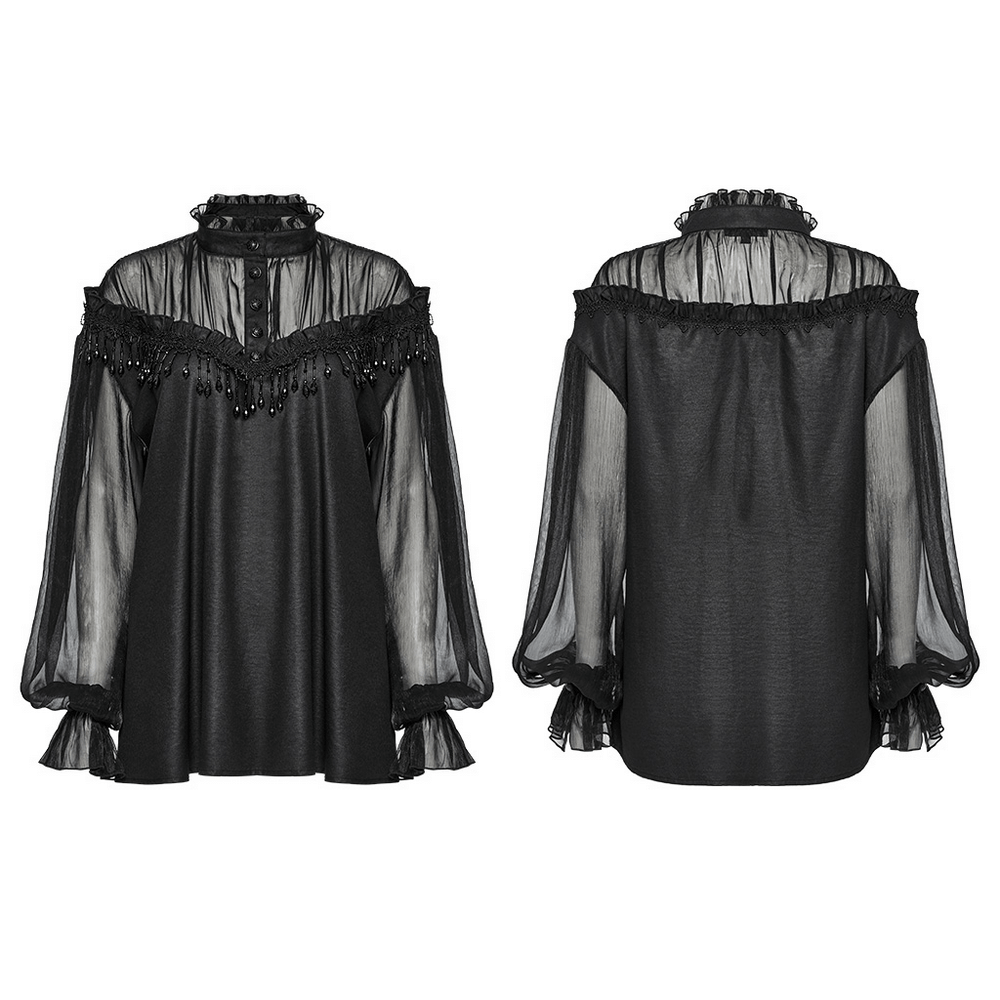 Elegant Sheer Black Blouse with Tassels and Lace Details