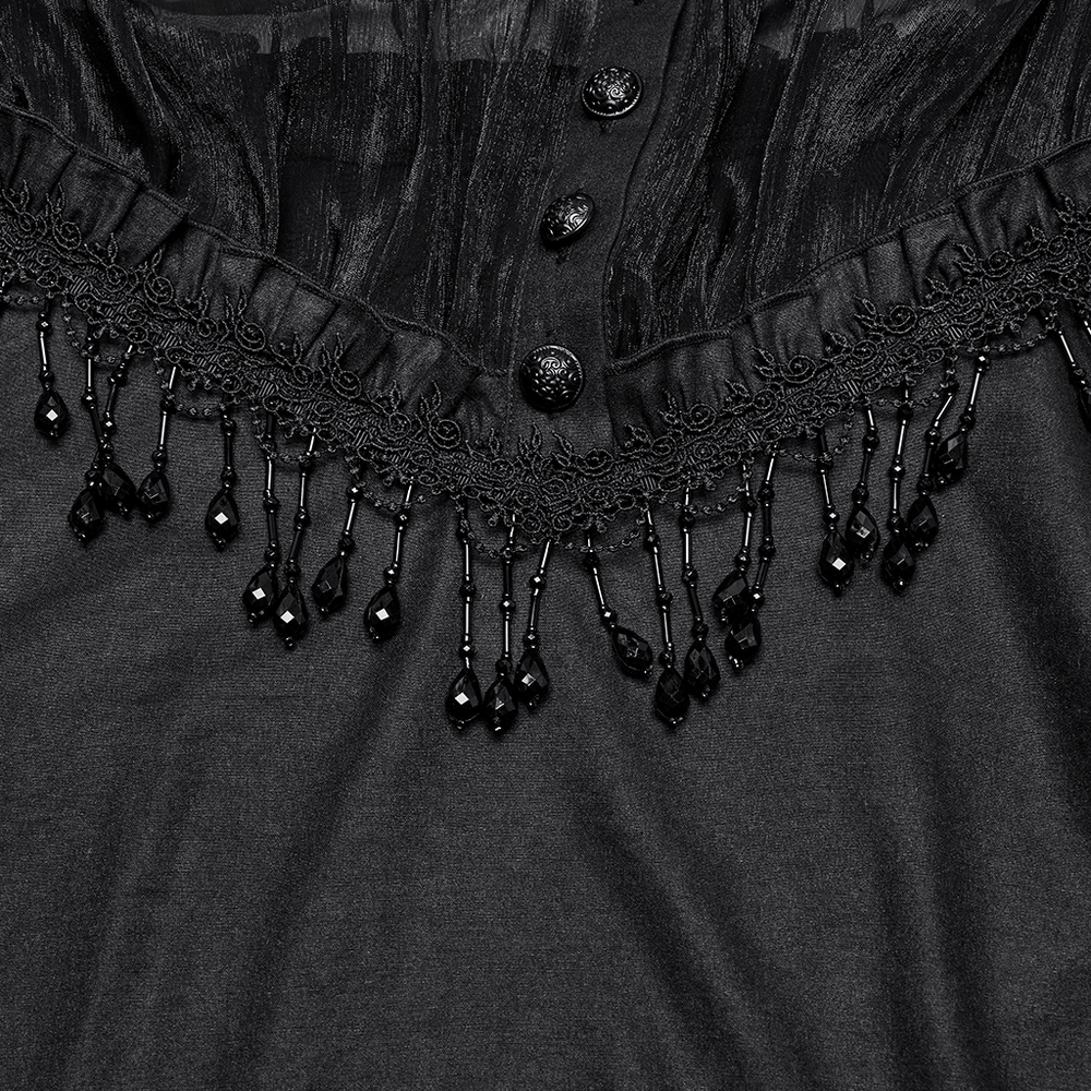 Elegant Sheer Black Blouse with Tassels and Lace Details