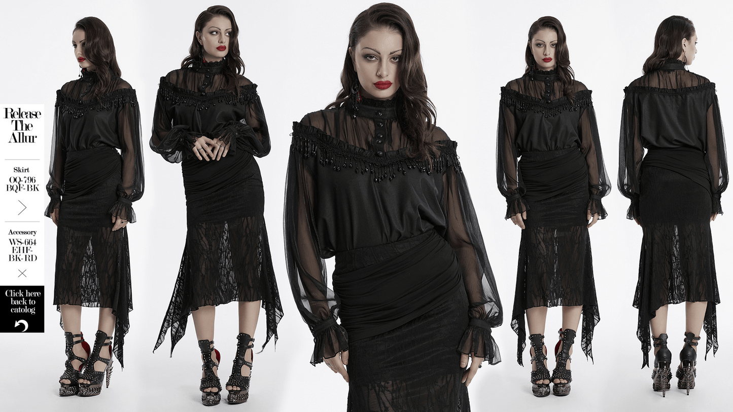 Elegant Sheer Black Blouse with Tassels and Lace Details