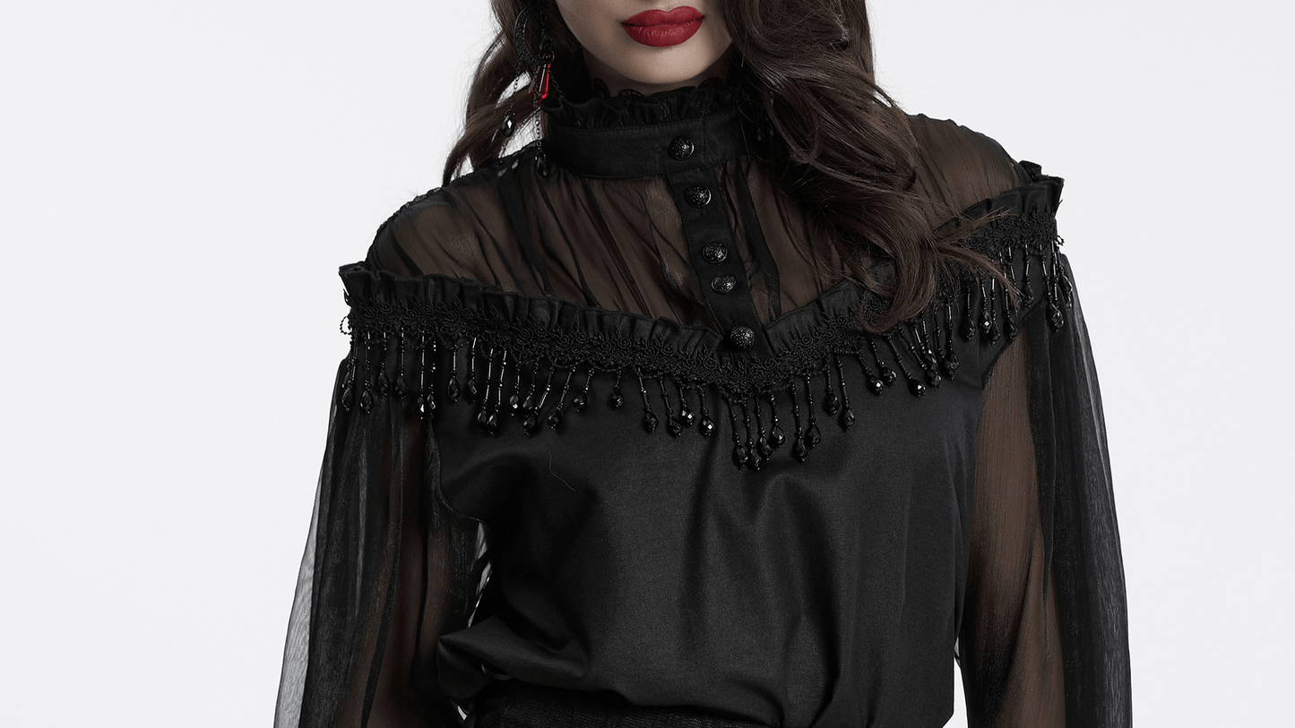 Elegant Sheer Black Blouse with Tassels and Lace Details