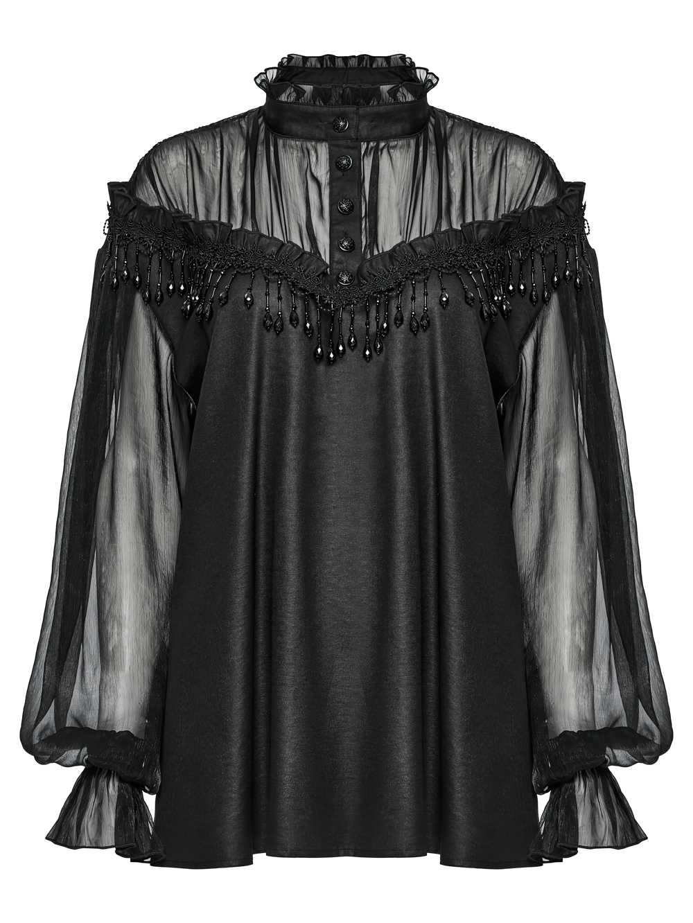 Elegant Sheer Black Blouse with Tassels and Lace Details
