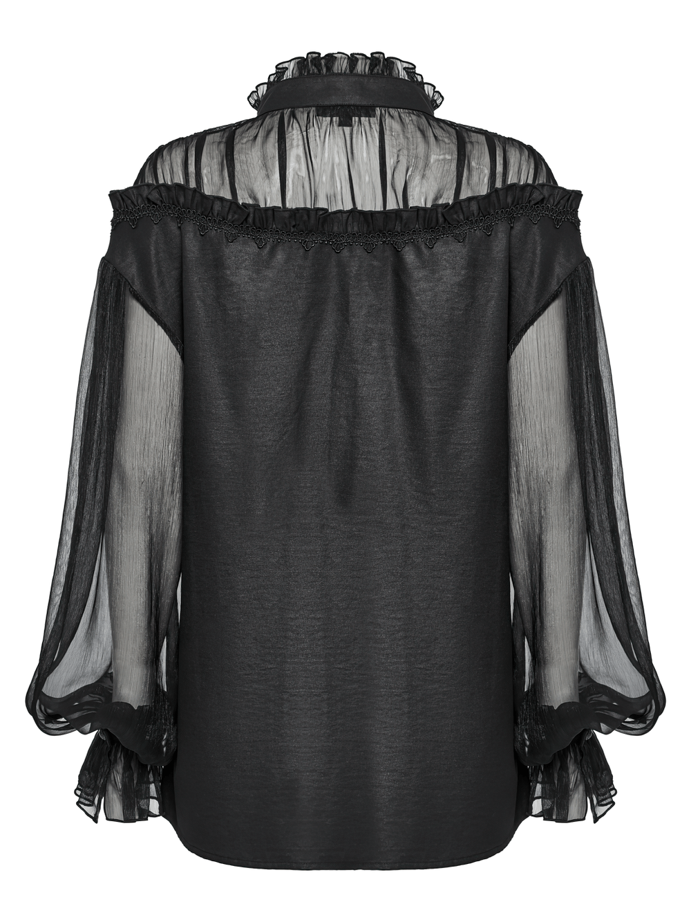 Elegant Sheer Black Blouse with Tassels and Lace Details