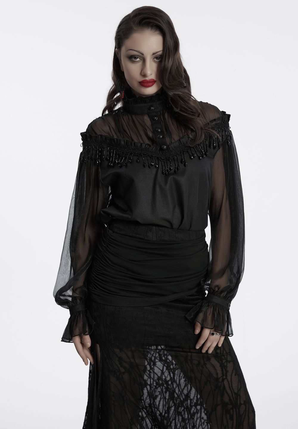 Elegant Sheer Black Blouse with Tassels and Lace Details