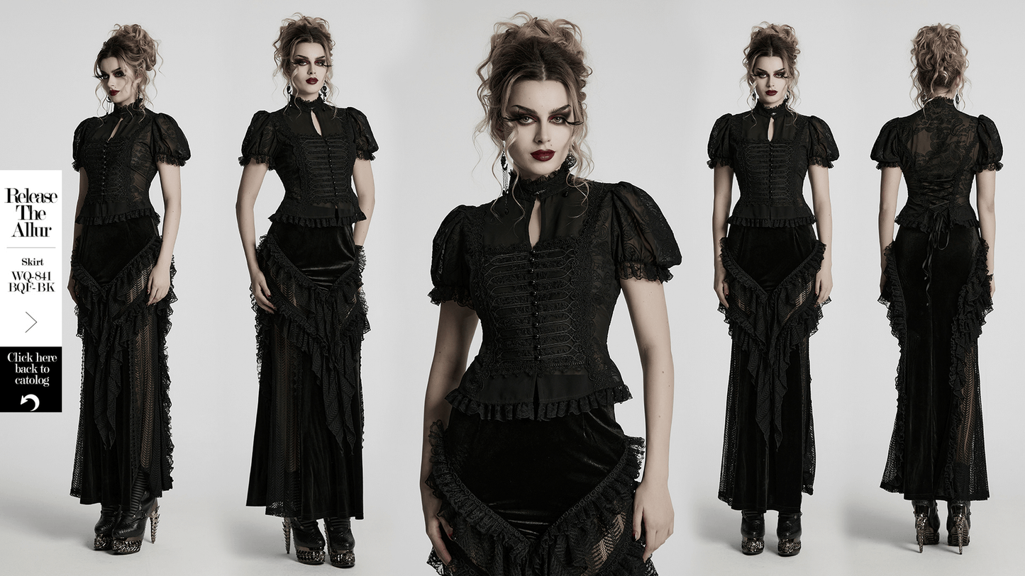 Elegant Victorian Black Lace Chiffon Corset Blouse