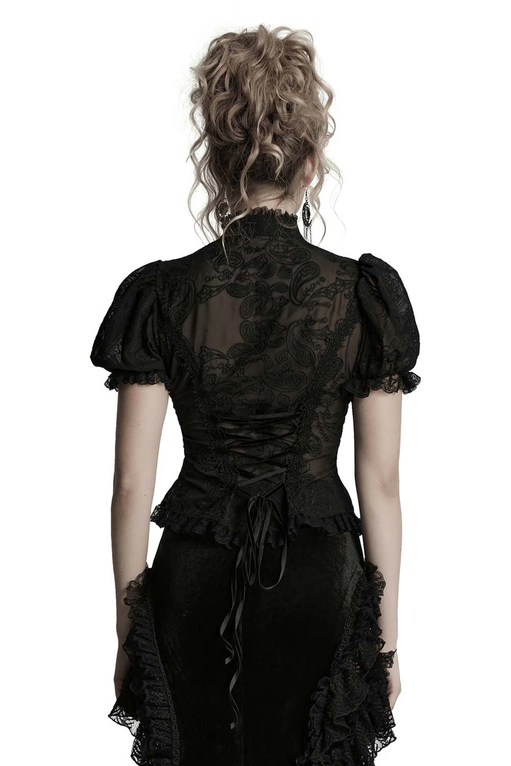 Elegant Victorian Black Lace Chiffon Corset Blouse