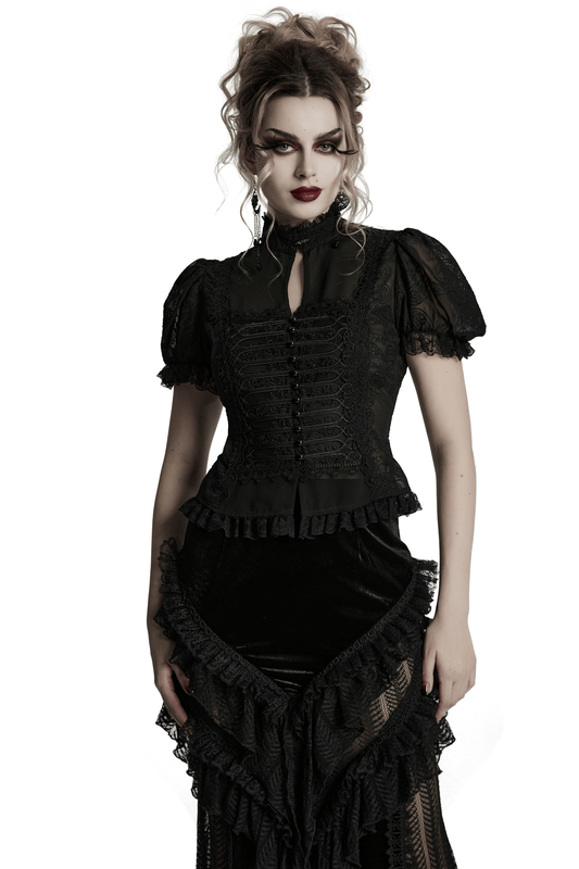 Elegant Victorian Black Lace Chiffon Corset Blouse