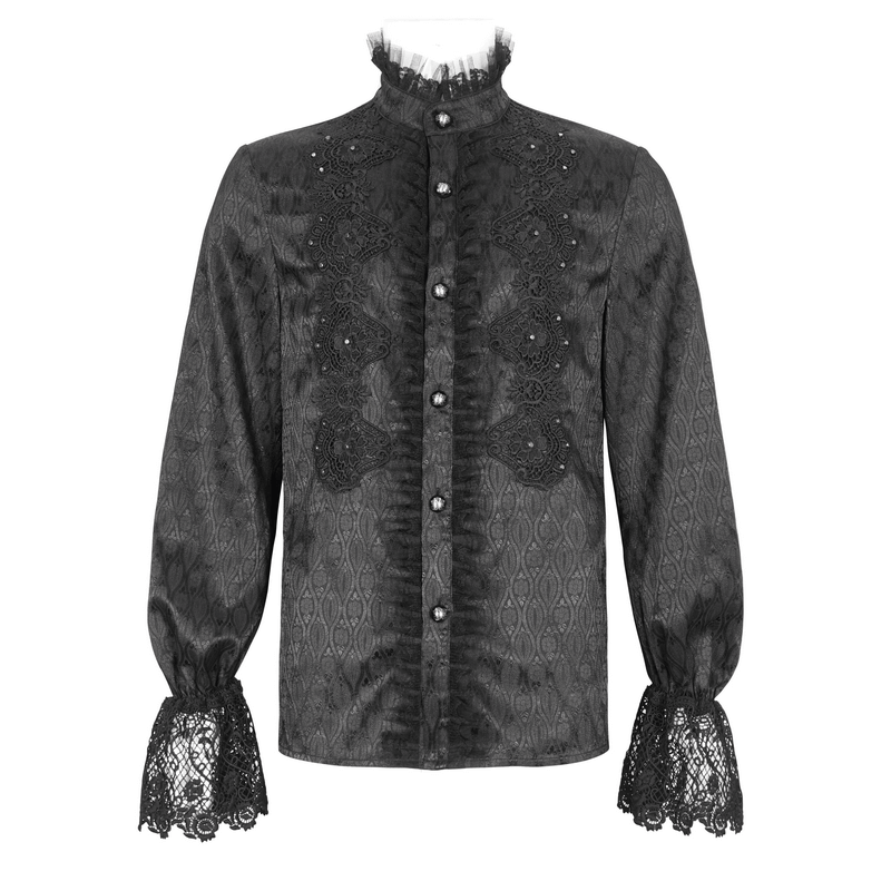 Elegant Victorian Lace-Trimmed High-Collar Black Shirt