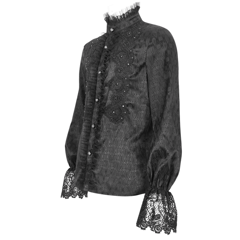 Elegant Victorian Lace-Trimmed High-Collar Black Shirt