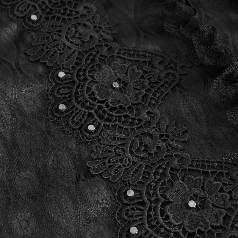 Elegant Victorian Lace-Trimmed High-Collar Black Shirt
