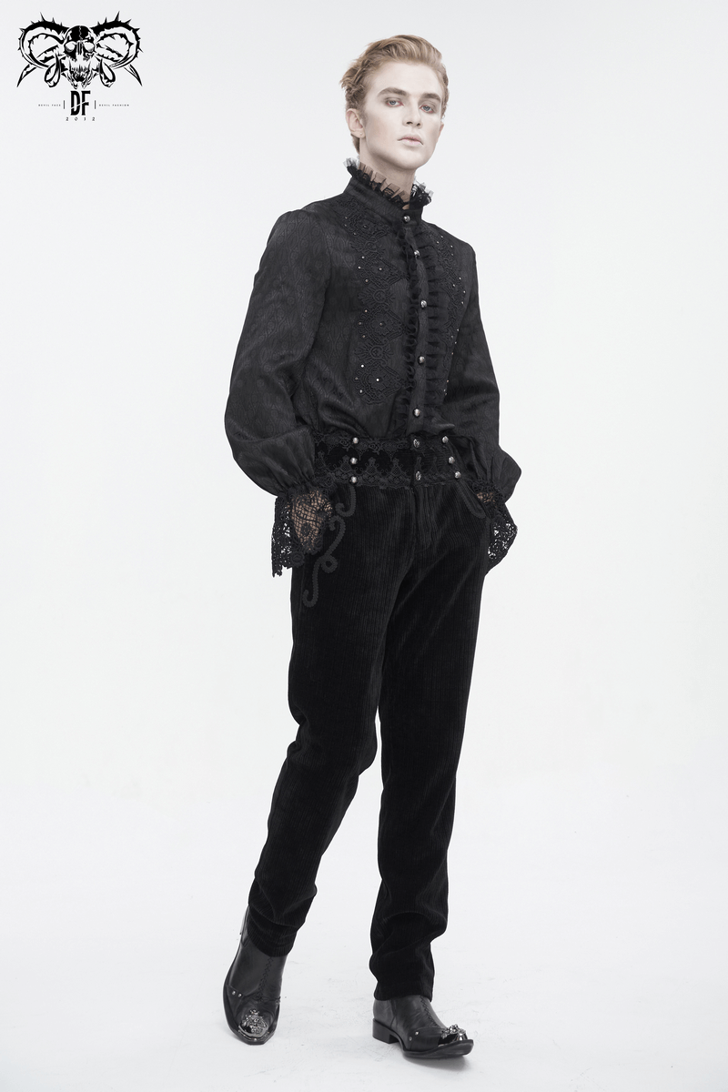 Elegant Victorian Lace-Trimmed High-Collar Black Shirt