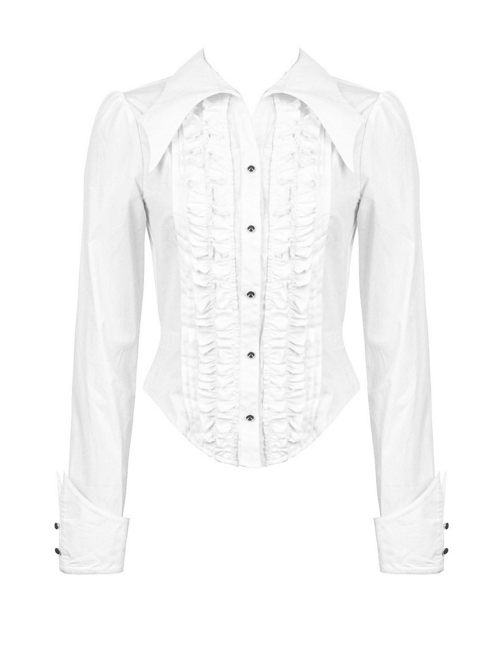 Elegant White Ruffled Blouse with Button Detailing