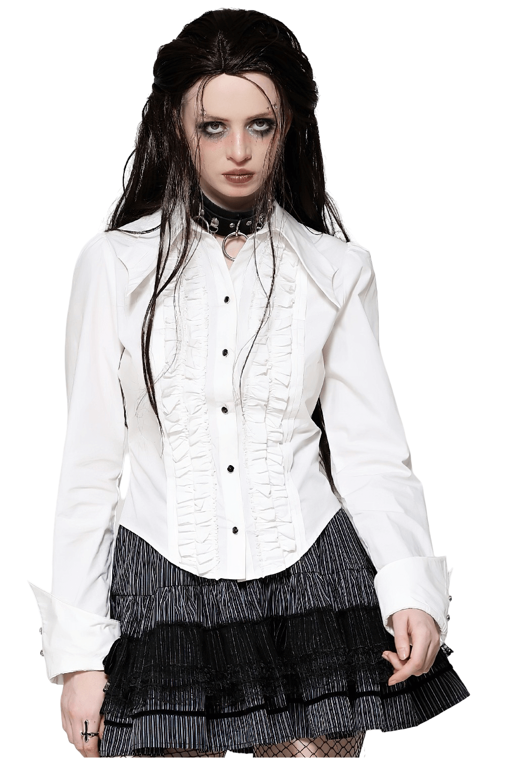 Elegant White Ruffled Blouse with Button Detailing