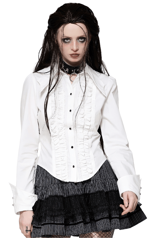 Elegant White Ruffled Blouse with Button Detailing