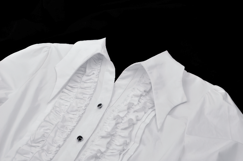 Elegant White Ruffled Blouse with Button Detailing