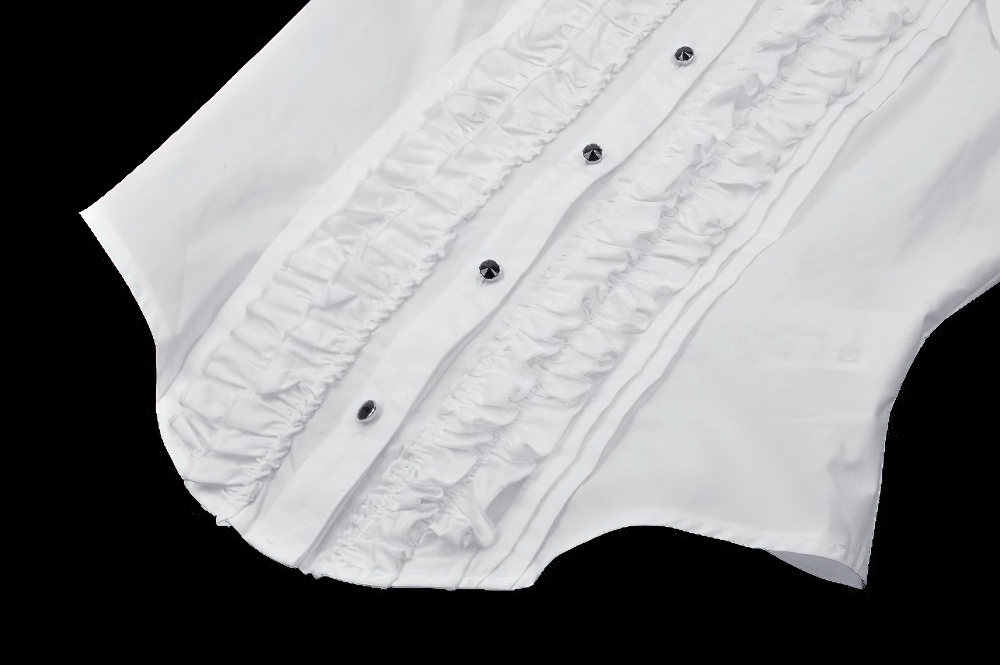 Elegant White Ruffled Blouse with Button Detailing