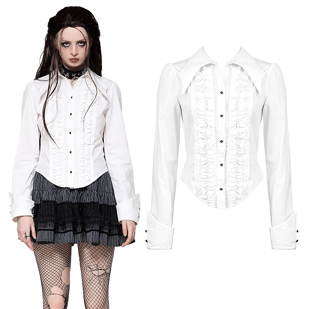 Elegant White Ruffled Blouse with Button Detailing