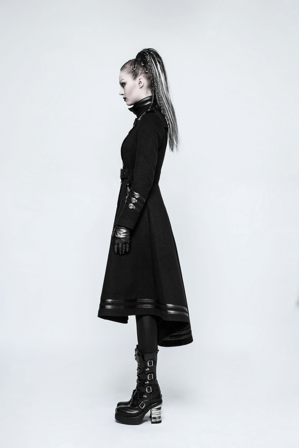 Elegant Women Gothic Black Coat with Ribbon and Pockets