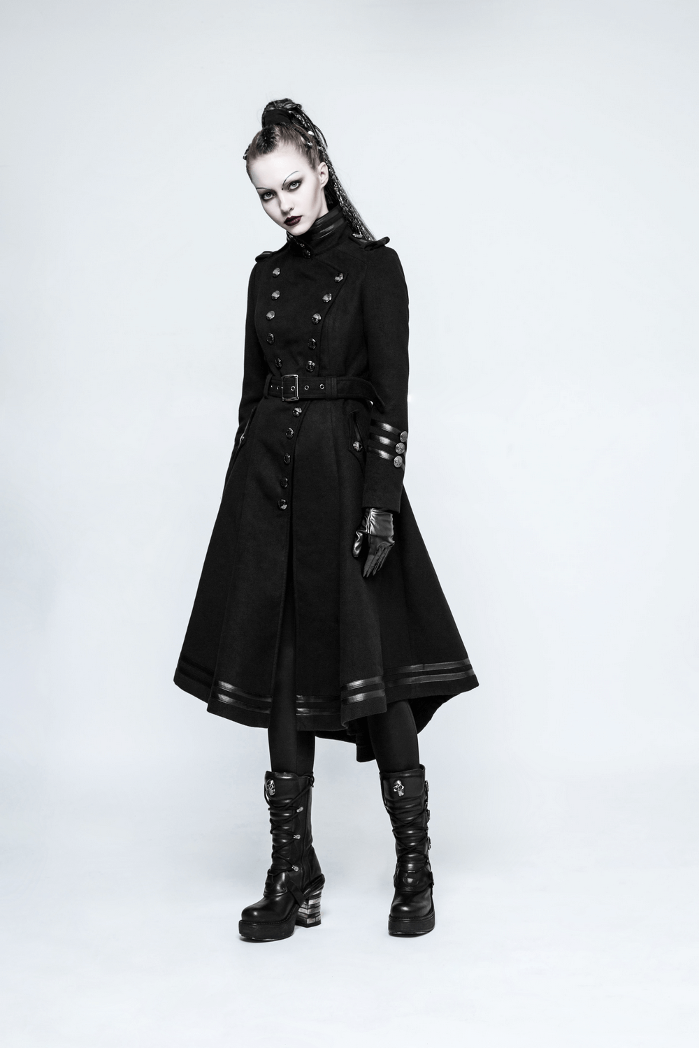 Elegant Women Gothic Black Coat with Ribbon and Pockets