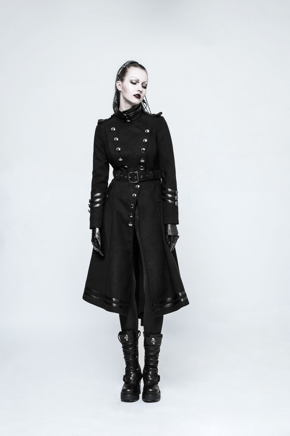Elegant Women Gothic Black Coat with Ribbon and Pockets