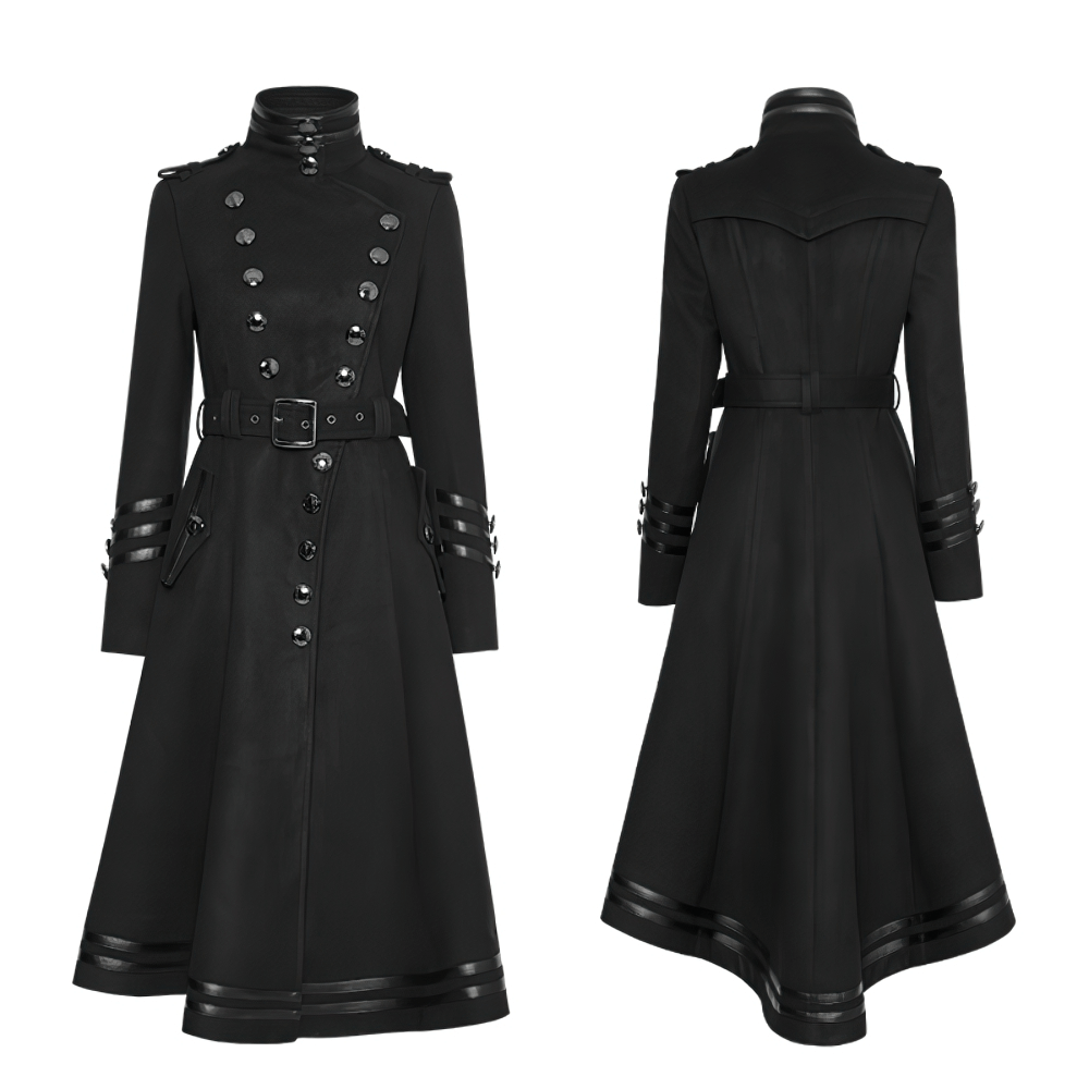 Elegant Women Gothic Black Coat with Ribbon and Pockets