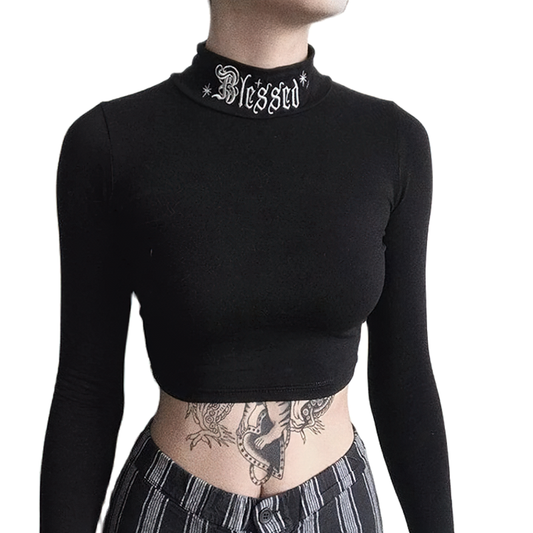 Elegant Women's Crop Top / Gothic Style Black Top / Aesthetic Female Long Sleeve Crop Top
