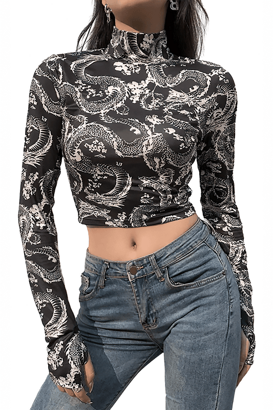 Elegant Women's Crop Top / Gray Gothic Long Sleeve Top / Female Aesthetic Print Top