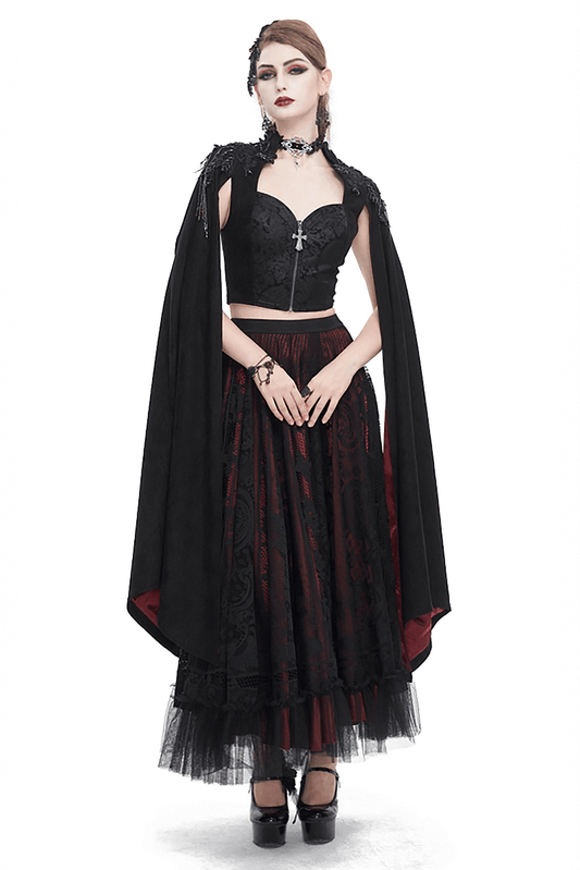 Embroidery Shoulders Top With Long Flared Sleeves / Gothic Zipper Slim Tops
