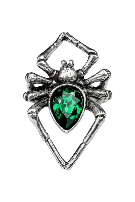 Emerald Spider Ring - Gothic Venomous Pewter with Crystal