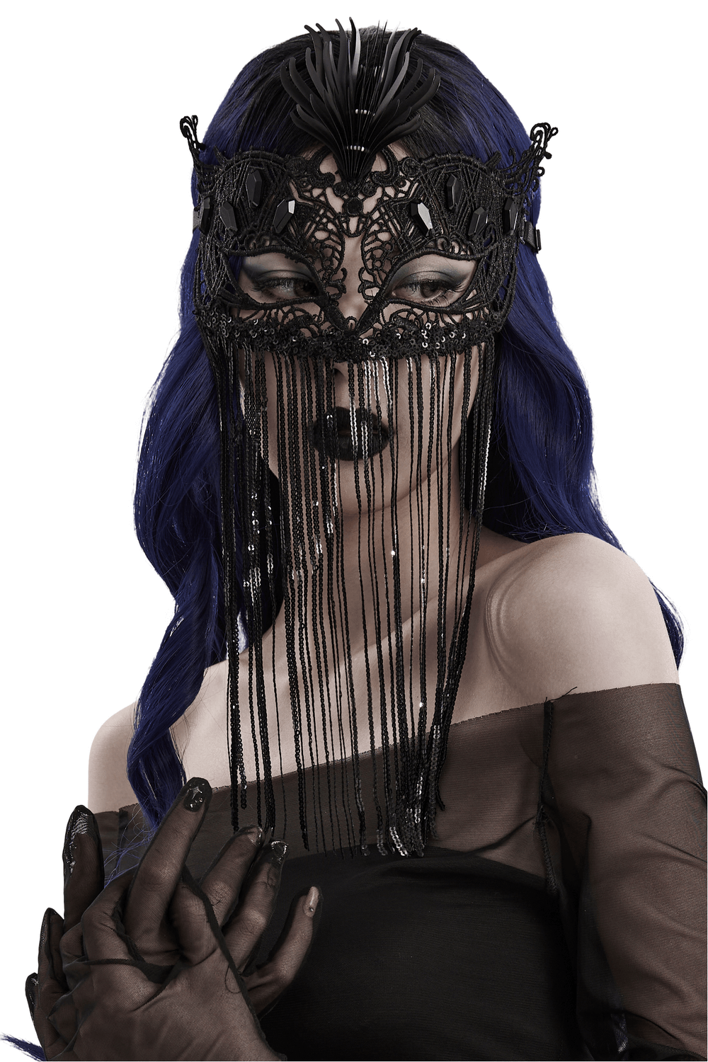 Enchanting Lace Eye Mask with Sequin Tassels and 3D Pteris