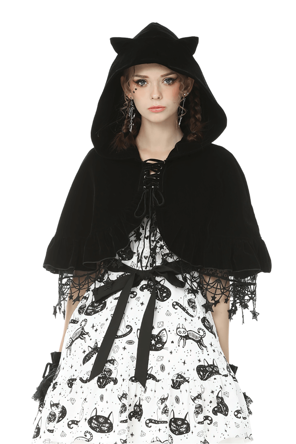 Enchanting Velvet Cat Ear Cape with Star Tassels