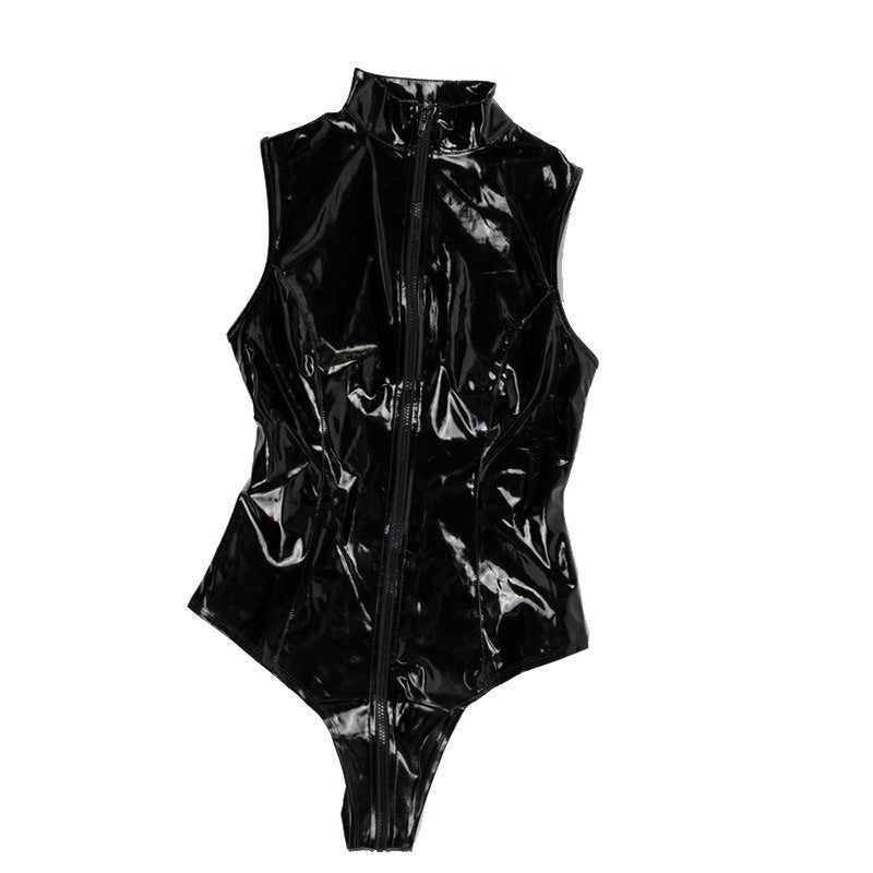 Erotic Faux Leather Latex Bodysuit / Plus Size Female Zip Fetish Costumes in Gothic Style