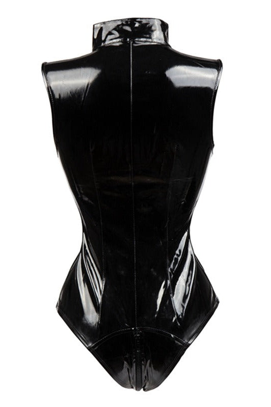 Erotic Faux Leather Latex Bodysuit / Plus Size Female Zip Fetish Costumes in Gothic Style