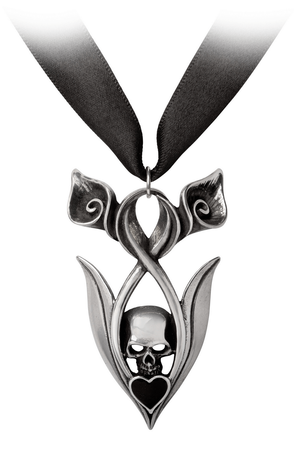 "Eternal Peace" Skull and Lily Pendant with Satin Ribbon