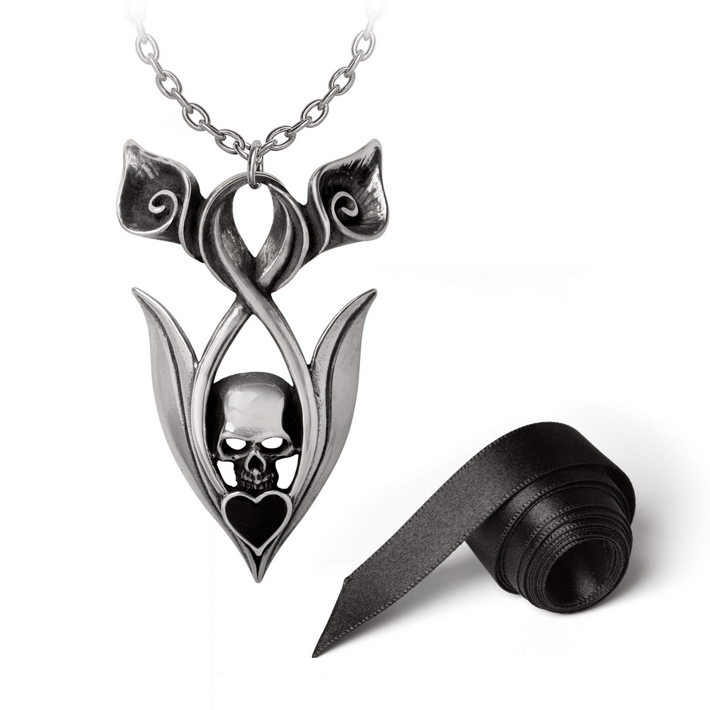 "Eternal Peace" Skull and Lily Pendant with Satin Ribbon