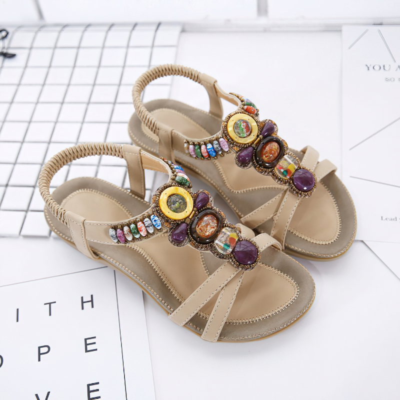 Ethnic Style Women's Beaded Sandals / Ladies Leisure PU Leather Summer Shoes