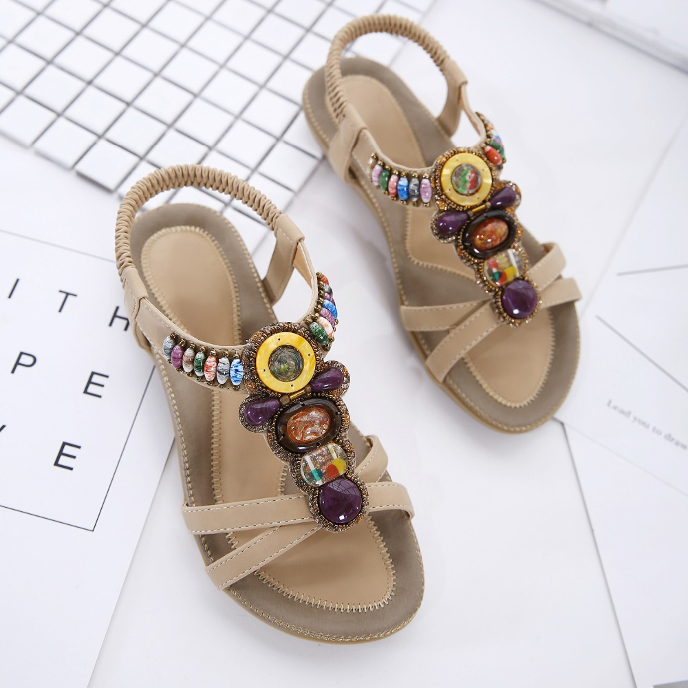 Ethnic Style Women's Beaded Sandals / Ladies Leisure PU Leather Summer Shoes