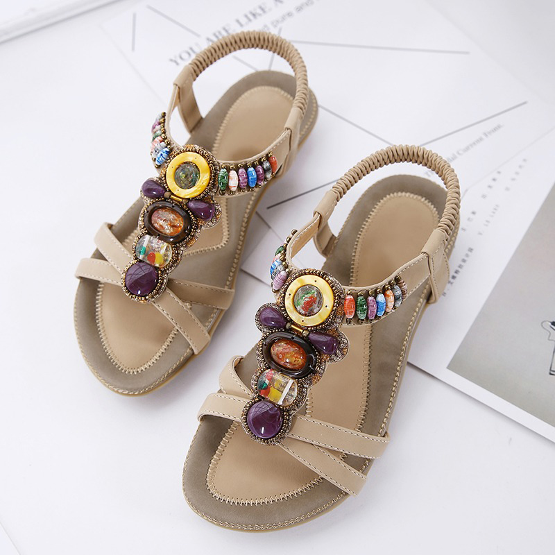 Ethnic Style Women's Beaded Sandals / Ladies Leisure PU Leather Summer Shoes