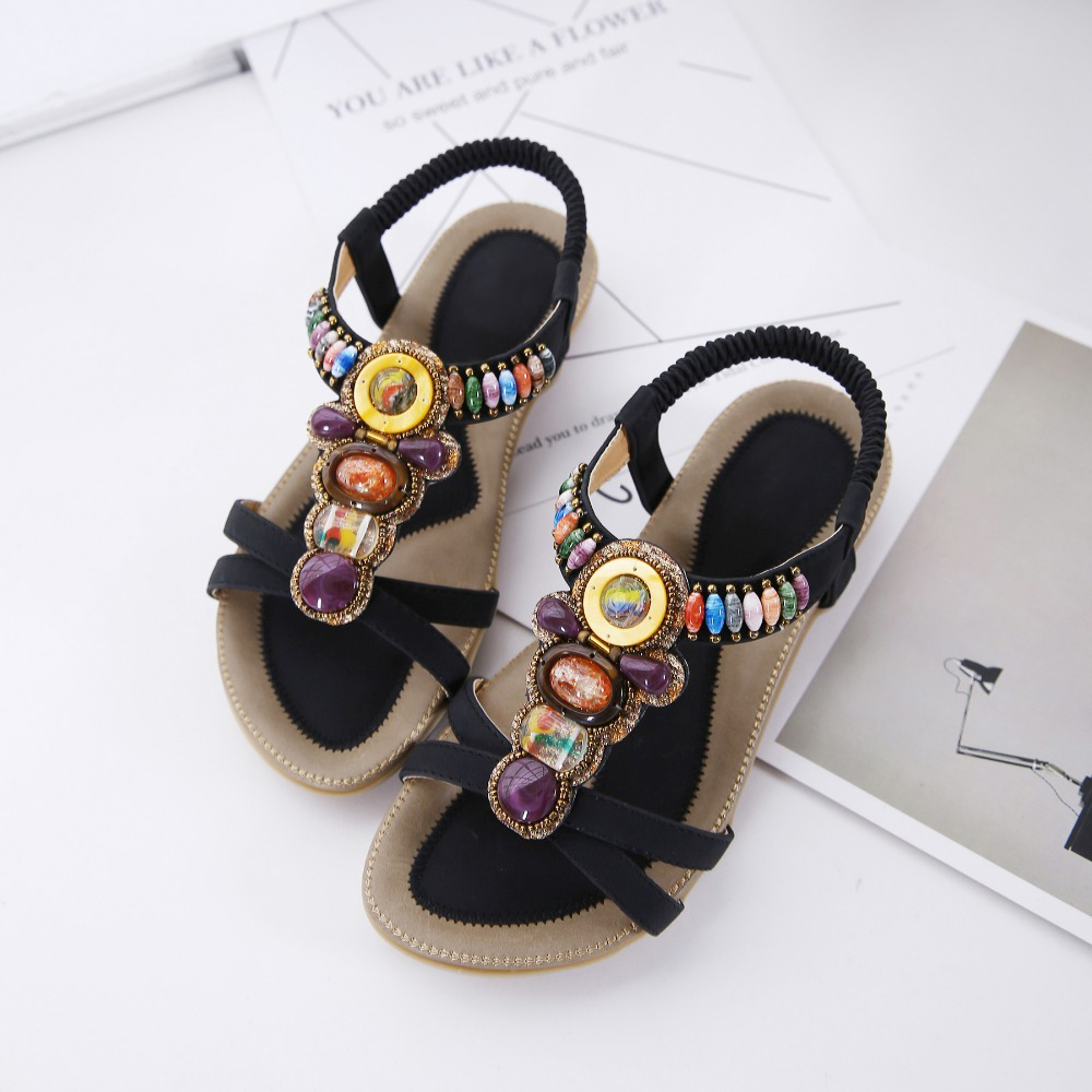 Ethnic Style Women's Beaded Sandals / Ladies Leisure PU Leather Summer Shoes