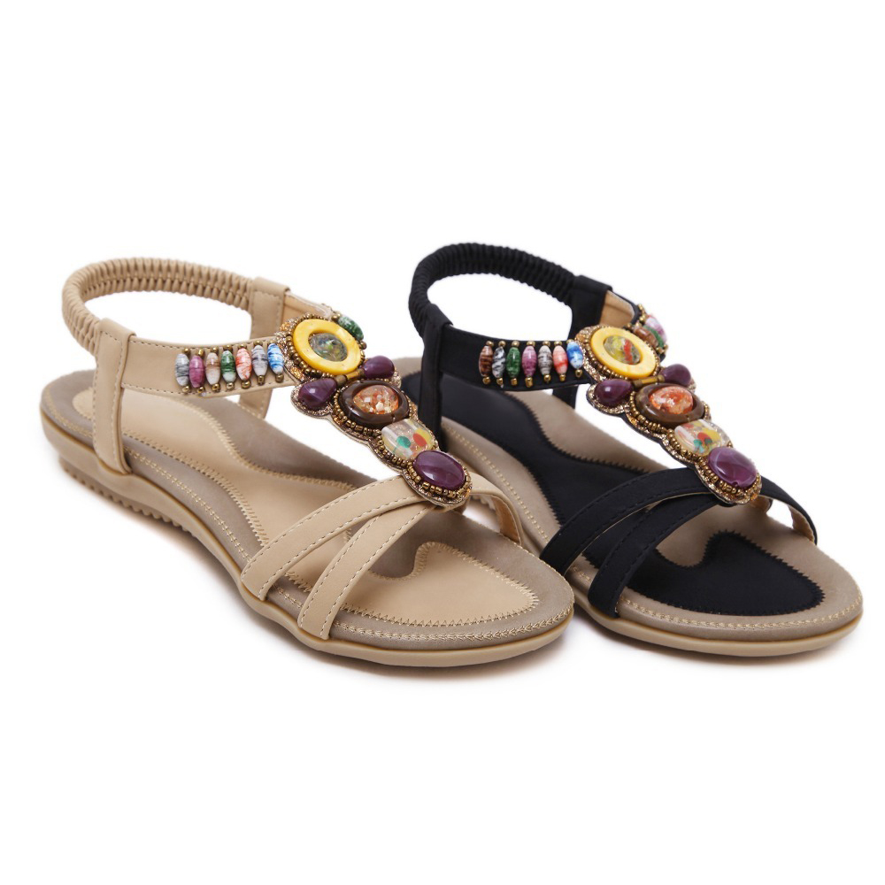 Ethnic Style Women's Beaded Sandals / Ladies Leisure PU Leather Summer Shoes