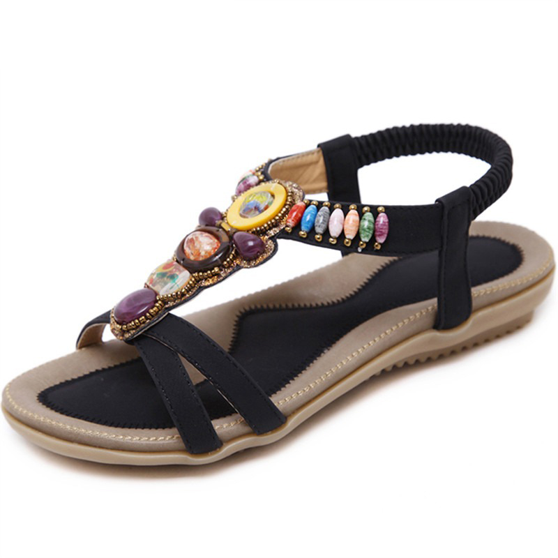 Ethnic Style Women's Beaded Sandals / Ladies Leisure PU Leather Summer Shoes