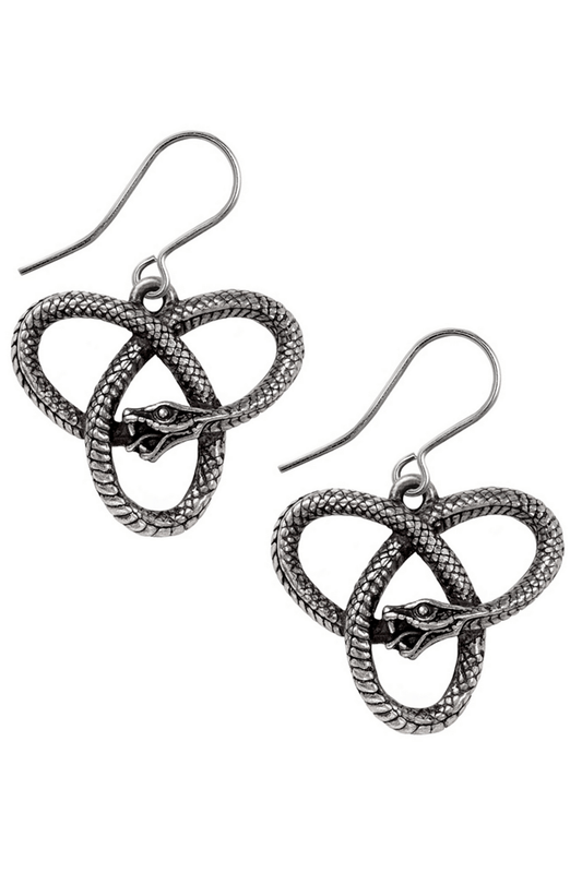 Eve's Triquetra Dropper Earrings with Celtic Snake Design