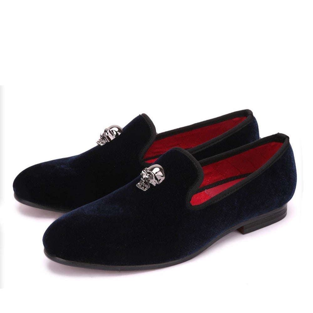 Exclusive Men Skull Buckle Rock Style Velvet Loafers / Rock and Roll outfits for guys