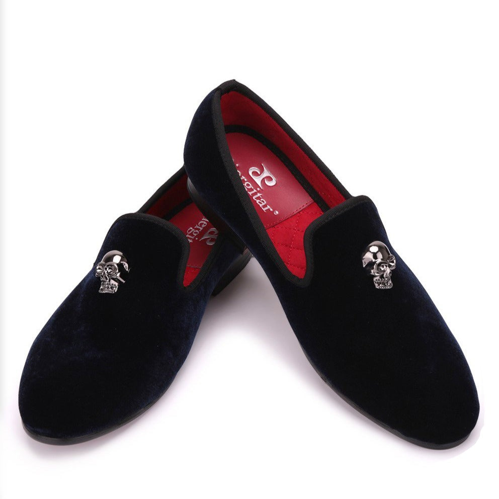 Exclusive Men Skull Buckle Rock Style Velvet Loafers / Rock and Roll outfits for guys