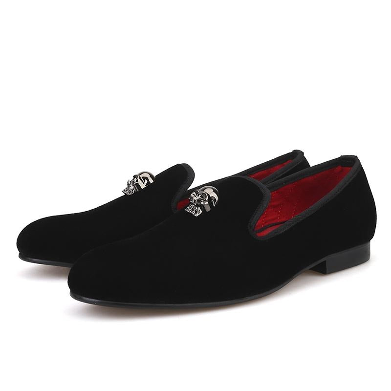Exclusive Men Skull Buckle Rock Style Velvet Loafers / Rock and Roll outfits for guys